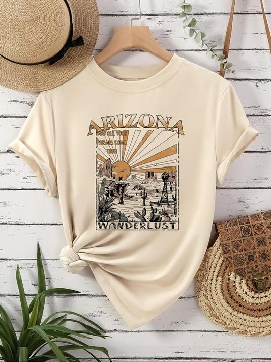 Women's Letter & Sun Print Round Neck Tee, Casual Graphic Short Sleeve T-shirt For Daily Wear, Ladies All Seasons Outfit