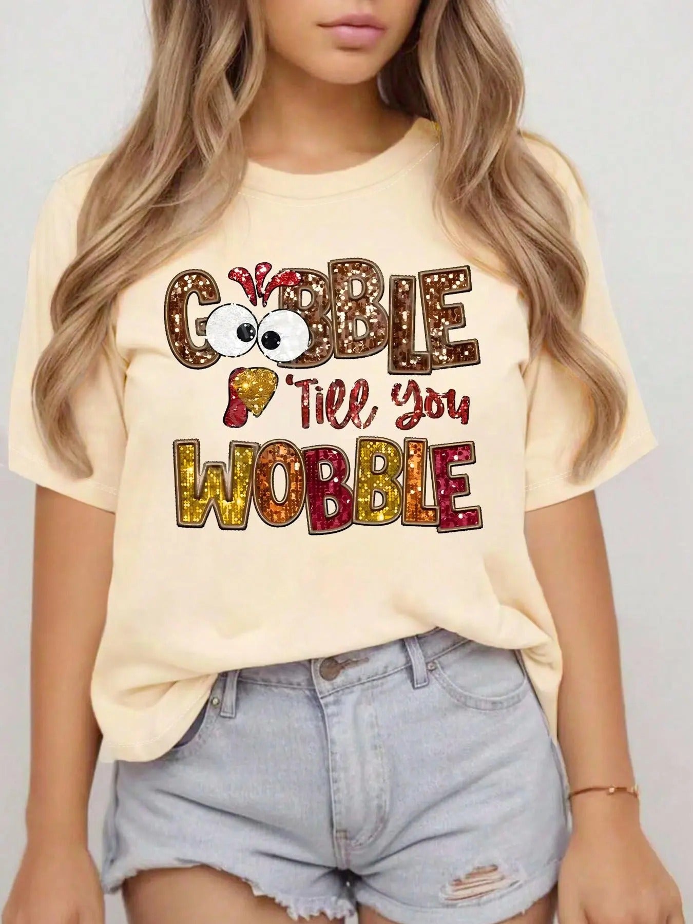 Women's Letter & Turkey Print Round Neck Tee, Fashion Casual Crew Neck T-Shirt for Daily Holiday Vacation Outdoor Wear, Ladies Clothes for All Seasons