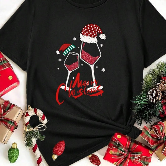 Women's Letter & Wine Glass Print Round Neck Tee, Casual Short Sleeve Crew Neck T-shirt for Fall & Winter, Women's Top for Daily Wear