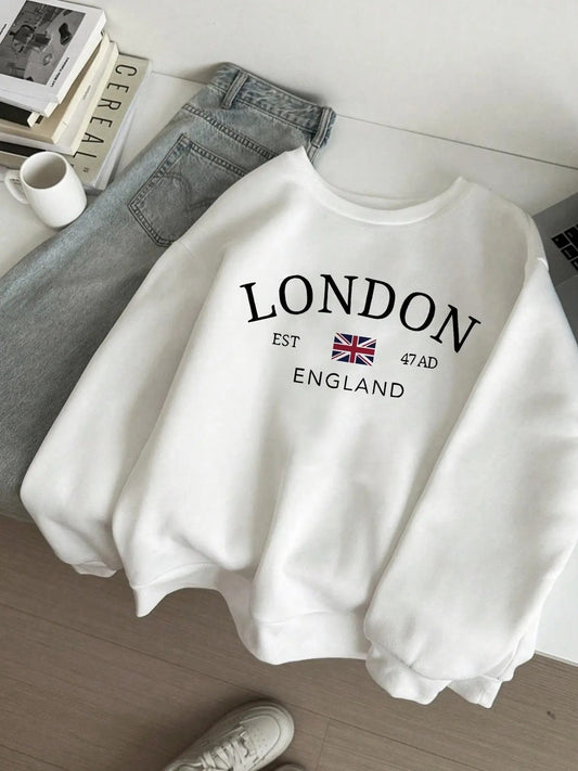 Women's Letter Print Crew Neck Pullover, Casual Fashion Long Sleeve Sweatshirt for Daily Wear, Ladies Clothes for Fall & Winter