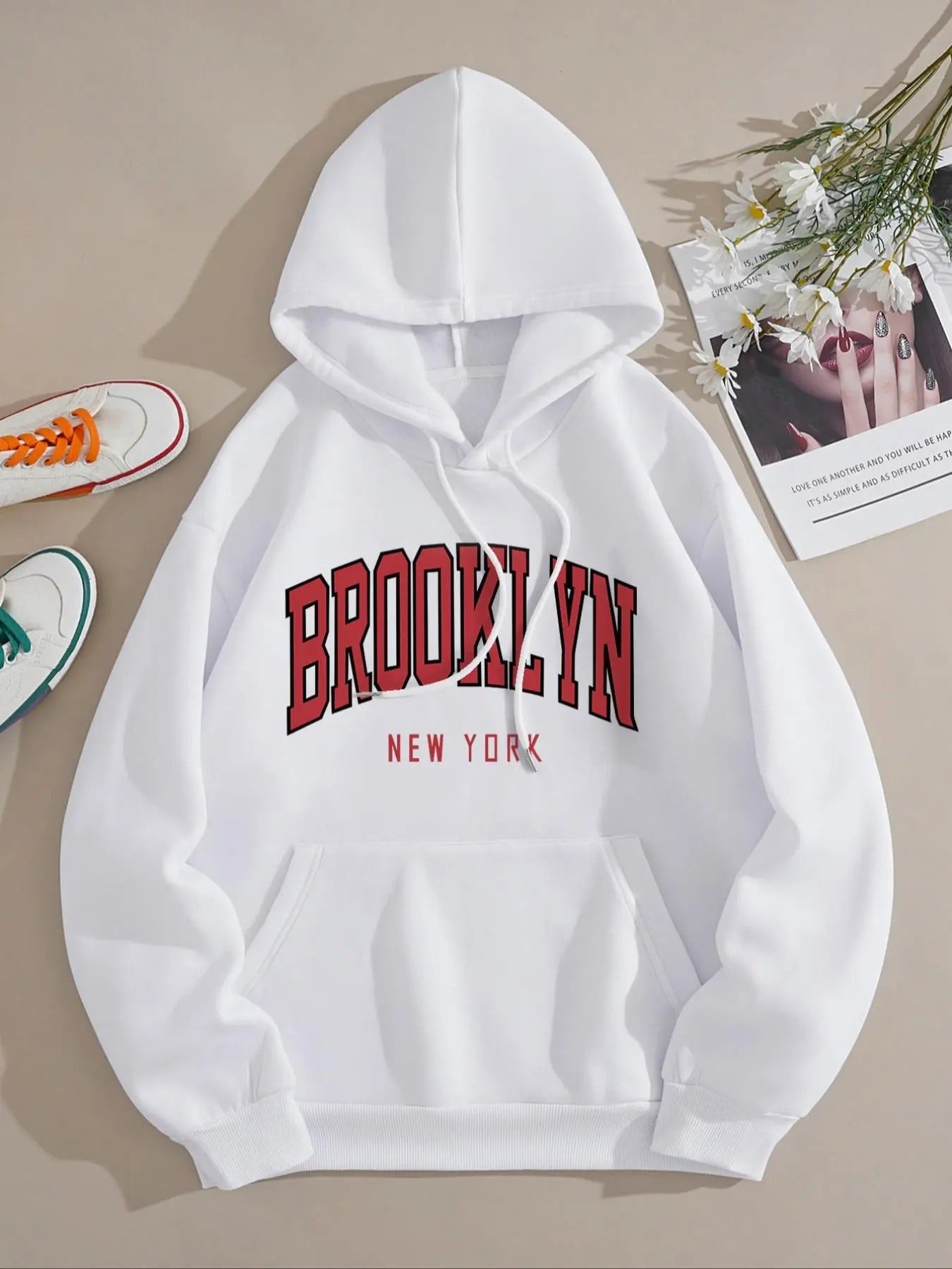 Women's Letter Print Drop Shoulder Hoodie, Fashion Casual Drawstring Pocket Hooded Sweatshirt for Daily Holiday Outdoor Wear, Women Clothing for Fall & Winter