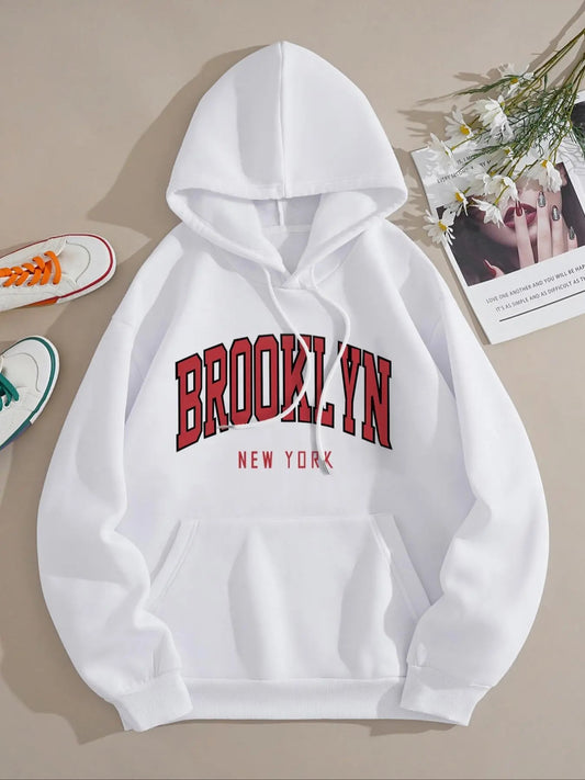 Women's Letter Print Drop Shoulder Hoodie, Fashion Casual Drawstring Pocket Hooded Sweatshirt for Daily Holiday Outdoor Wear, Women Clothing for Fall & Winter