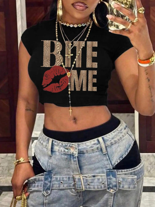 Women's Letter Print Round Neck Crop Tee, Fashion Casual Crew Neck Short Sleeve T-shirt for Daily Holiday Vacation Outdoor Wear, Ladies Clothes for Summer, Top