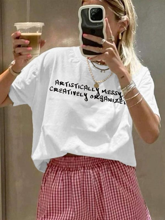 Women's Letter Print Round Neck Tee, Fashion Casual Crew Neck T-Shirt for Daily Holiday Vacation Outdoor Wear, Ladies Clothes for Summer, Topstyle{n002}11
