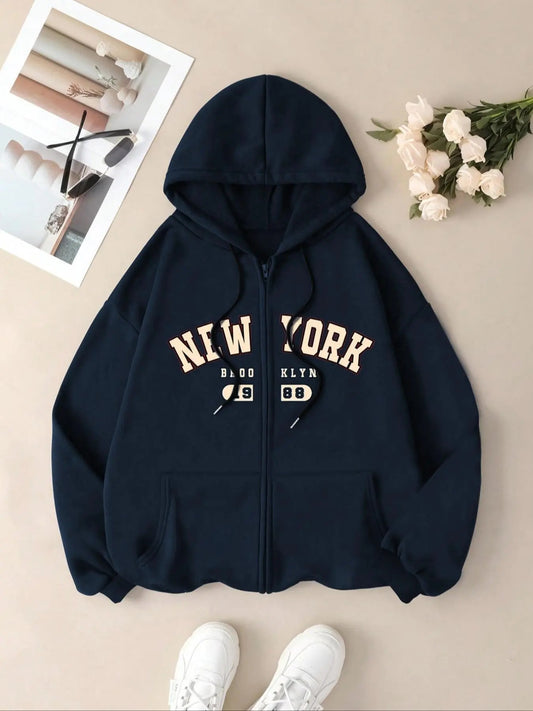 Women's Letter Print Zip Up Thermal Lined Hoodie, Fashion Casual Drawstring Pocket Hooded Sweatshirt for Daily Holiday Outdoor Wear, Women Clothing for Fall & Winter