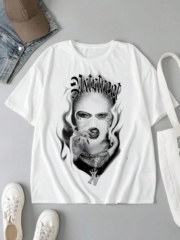 Women's Masked Figure Print Round Neck Tee, Fashion Casual Crew Neck T-shirt for Daily Holiday Vacation Outdoor Wear, Ladies Clothes for All Seasons