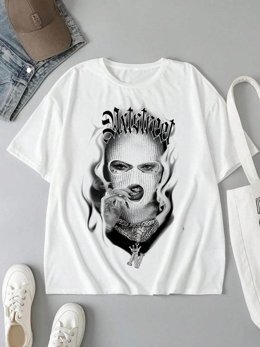 Women's Masked Figure Print Round Neck Tee, Fashion Casual Crew Neck T-shirt for Daily Holiday Vacation Outdoor Wear, Ladies Clothes for All Seasons