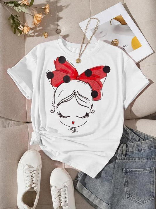 Women's Minnie Ears Bowknot Print Round Neck Tee, Fashion Casual Crew Neck T-shirt for Daily Holiday Vacation Outdoor Wear, Ladies Clothes for Summer, Top