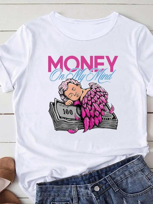 Women's Money Angel Letter Print Round Neck Tee, Fashion Casual Crew Neck T-shirt for Daily Holiday Vacation Outdoor Wear, Ladies Clothes for All Seasons