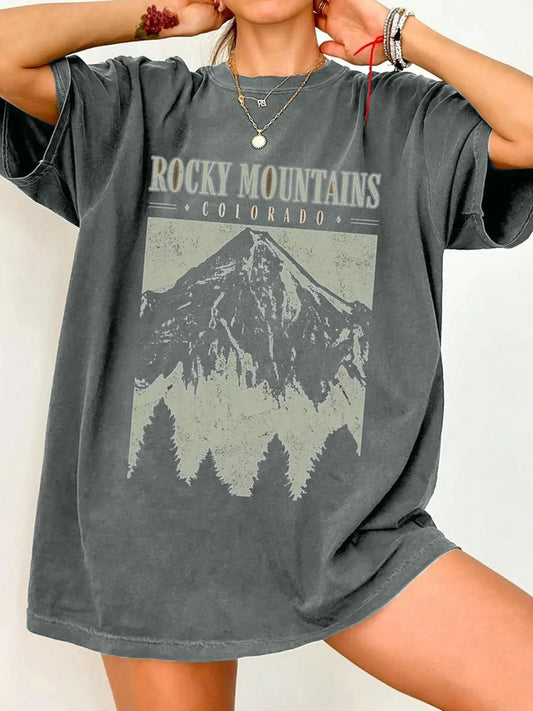 Women's Mountain Print Round Neck Tee, Casual Landscape Print Short Sleeve T-shirt for Summer, Ladies Clothes for Daily Wear