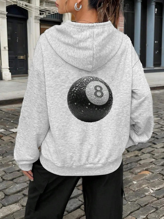Women's Number & Ball Print Drop Shoulder Hoodie, Fashion Casual Drawstring Pocket Hooded Sweatshirt for Daily Holiday Outdoor Wear, Women Clothing for Fall & Winter