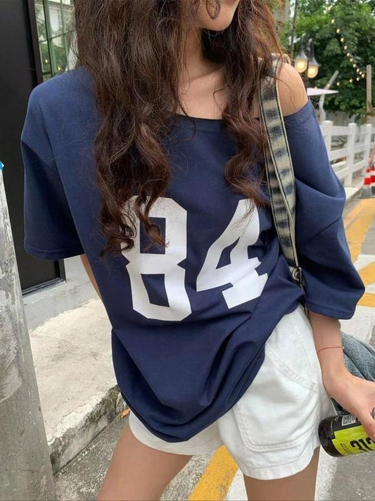 Women's Number Print Asymmetrical Neck Tee, Casual Drop Shoulder Half Sleeve T-shirt for Daily Wear, Ladies Clothes for All Seasons