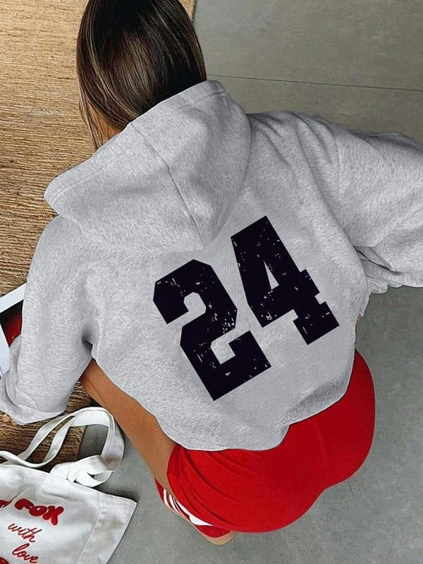 Women's Number Print Drop Shoulder Hoodie, Fashion Casual Drawstring Pocket Hooded Sweatshirt for Daily Holiday Wear, Women Clothing for Fall & Winter