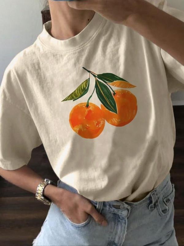 Women's Orange Print Round Neck Tee, Fashion Casual Drop Shoulder Short Sleeve T-shirt, Ladies Summer Clothes for Daily Wear