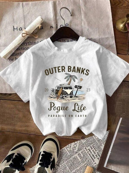 Women's Outer Banks Skeleton Print Round Neck Tee, Vintage Trendy Casual Short Sleeve T-shirt for Daily Wear, Ladies Summer, Top
