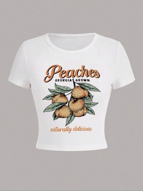 Women's Peach Print Round Neck Graphic Tee, Vintage Trendy Casual Letter Graphic Short Sleeve T-shirt For Daily Wear, Ladies All Seasons Outfit