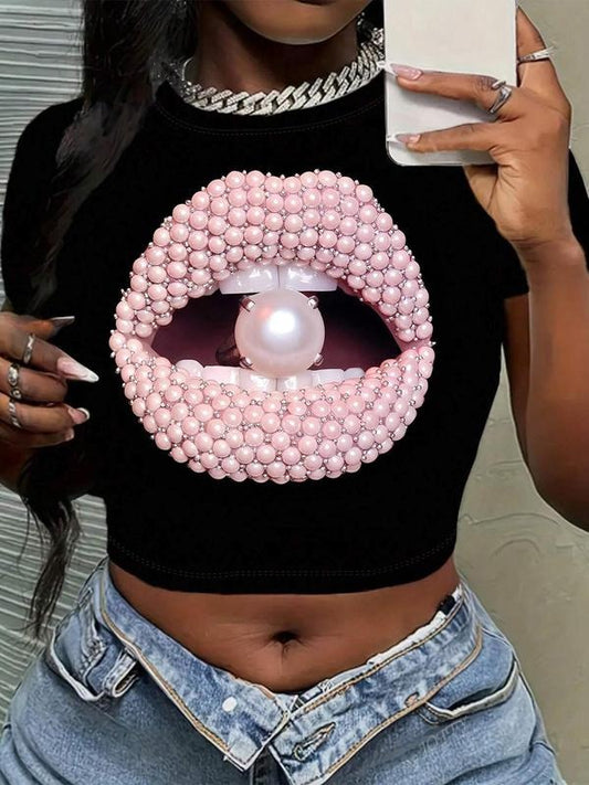 Women's Pearl Mouth Design Round Neck Tee, Fashion Casual Crew Neck Short Sleeve T-shirt for Daily Holiday Vacation Outdoor Wear, Ladies Clothes for Summer, Top