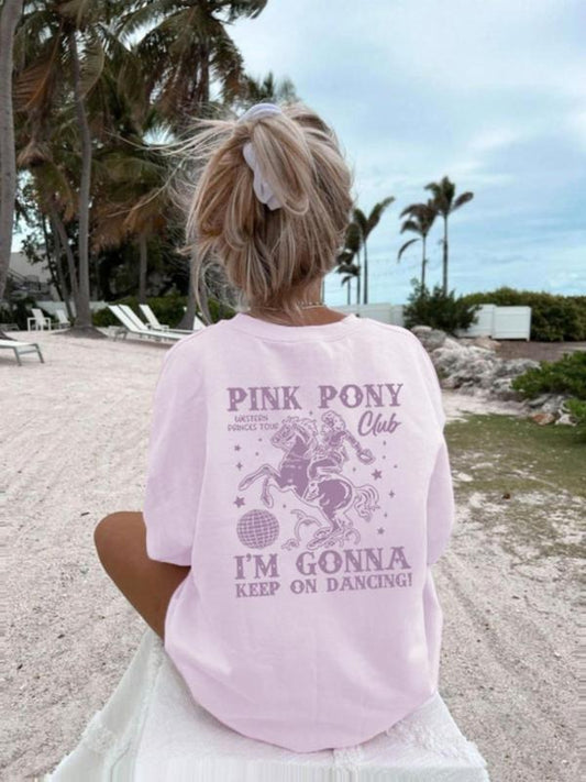 Women's Pink Pony Round Neck Graphic Tee, Casual Figure Print Short Sleeve T-shirt for Summer, Women's Top for Daily Wear