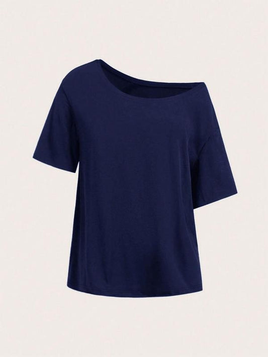 Women's Plain Asymmetrical Neck Tee, Casual Short Sleeve T-Shirt for Summer, Ladies Clothes for Daily Wear, Top