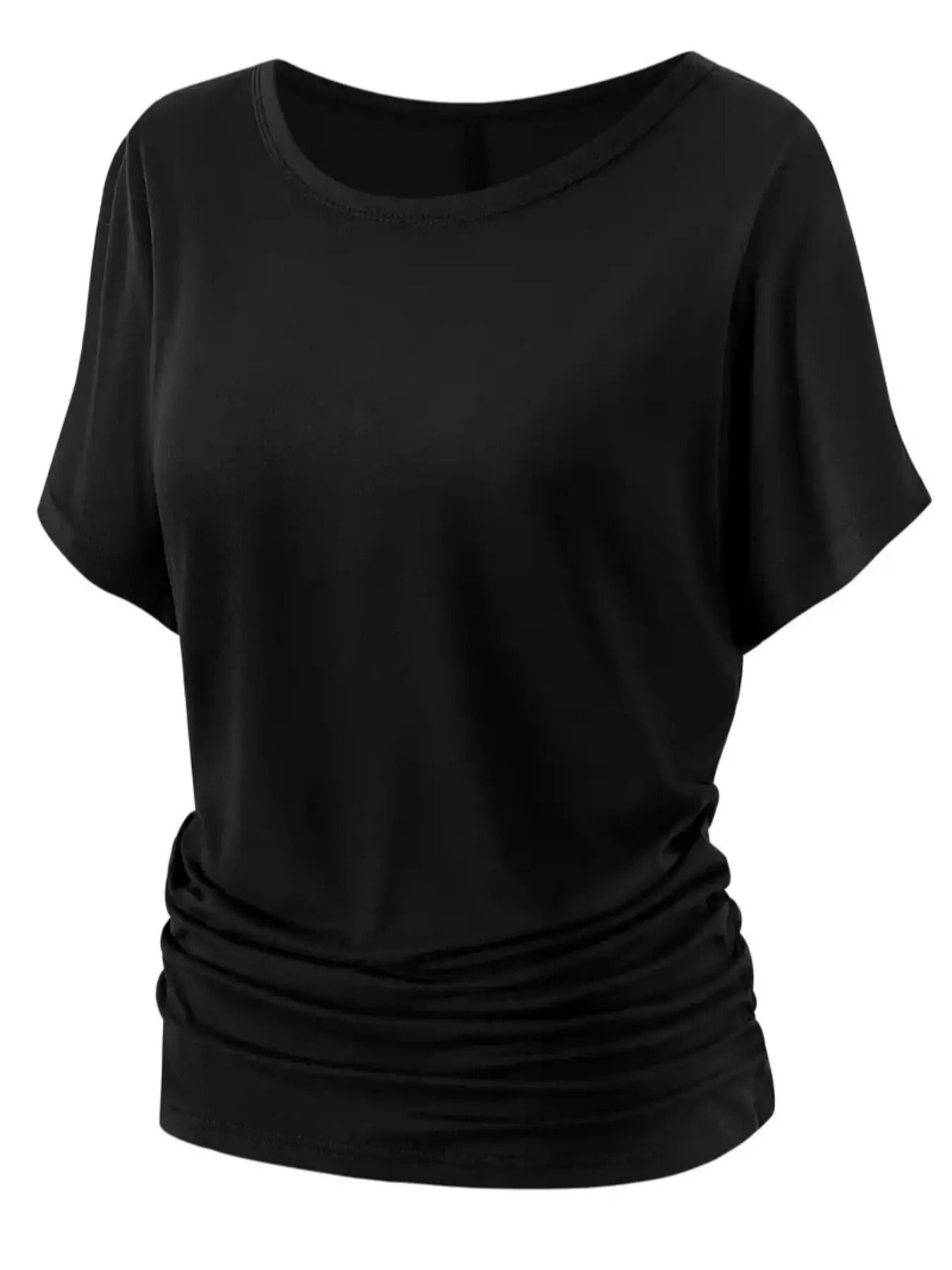 Women's Plain Ruched Batwing Sleeve Tee, Casual Short Sleeve Round Neck T-shirt for Summer, Ladies Clothes for Daily Wear