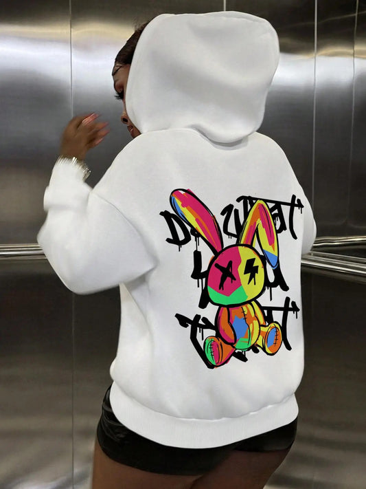 Women's Rabbit & Letter Print Hoodie, Fashion Casual Hooded Sweatshirt for Daily Holiday Outdoor Wear, Women Clothing for Fall & Winter
