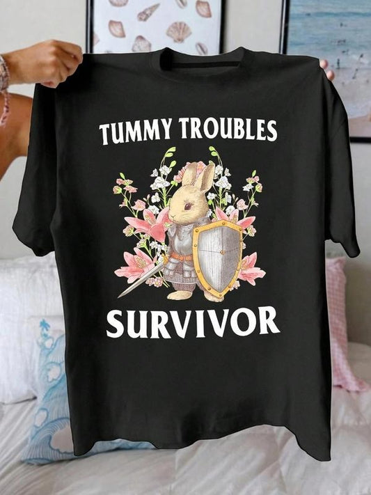 Women's Rabbit & Letter Print Round Neck Graphic Tee, Vintage Trendy Casual Flower Graphic Short Sleeve T-shirt for Daily Wear, Ladies All Seasons Clothes