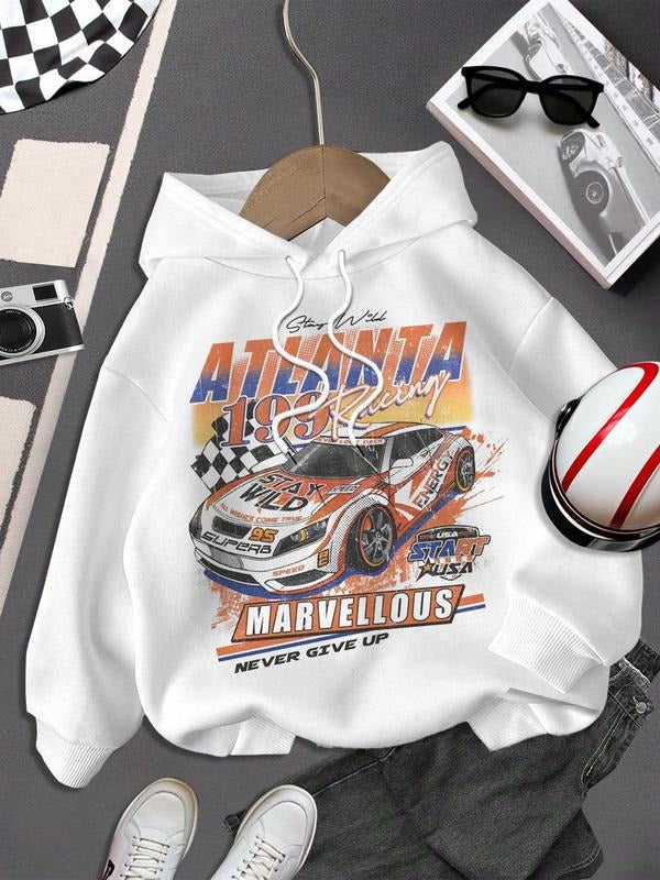 Women's Race Car & Letter Print Hoodie, Casual Graphic Hooded Sweatshirt for Daily Holiday Outdoor Wear, Ladies Clothes for Spring & Fall