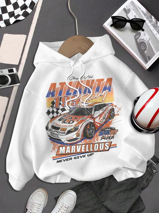 Women's Race Car & Letter Print Hoodie, Casual Graphic Hooded Sweatshirt for Daily Holiday Outdoor Wear, Ladies Clothes for Spring & Fall