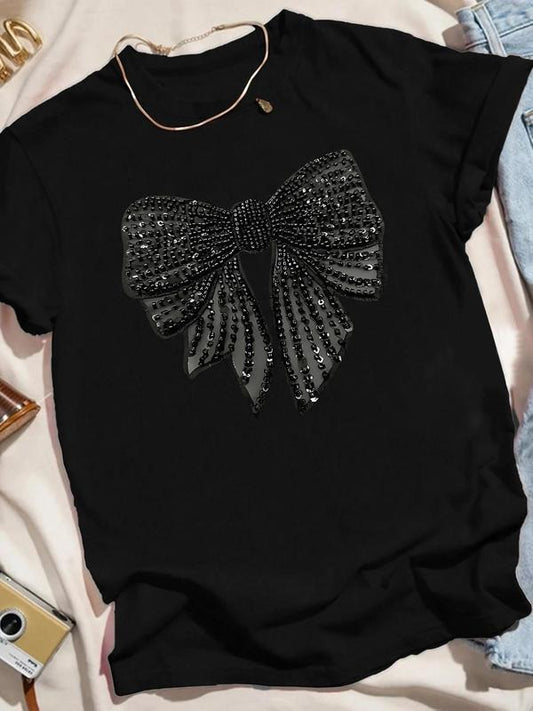 Women's Rhinestone Decor Bow Print Round Neck Tee, Fashion Casual Crew Neck T-shirt for Daily Holiday Vacation Outdoor Wear, Ladies Clothes for Summer, Top