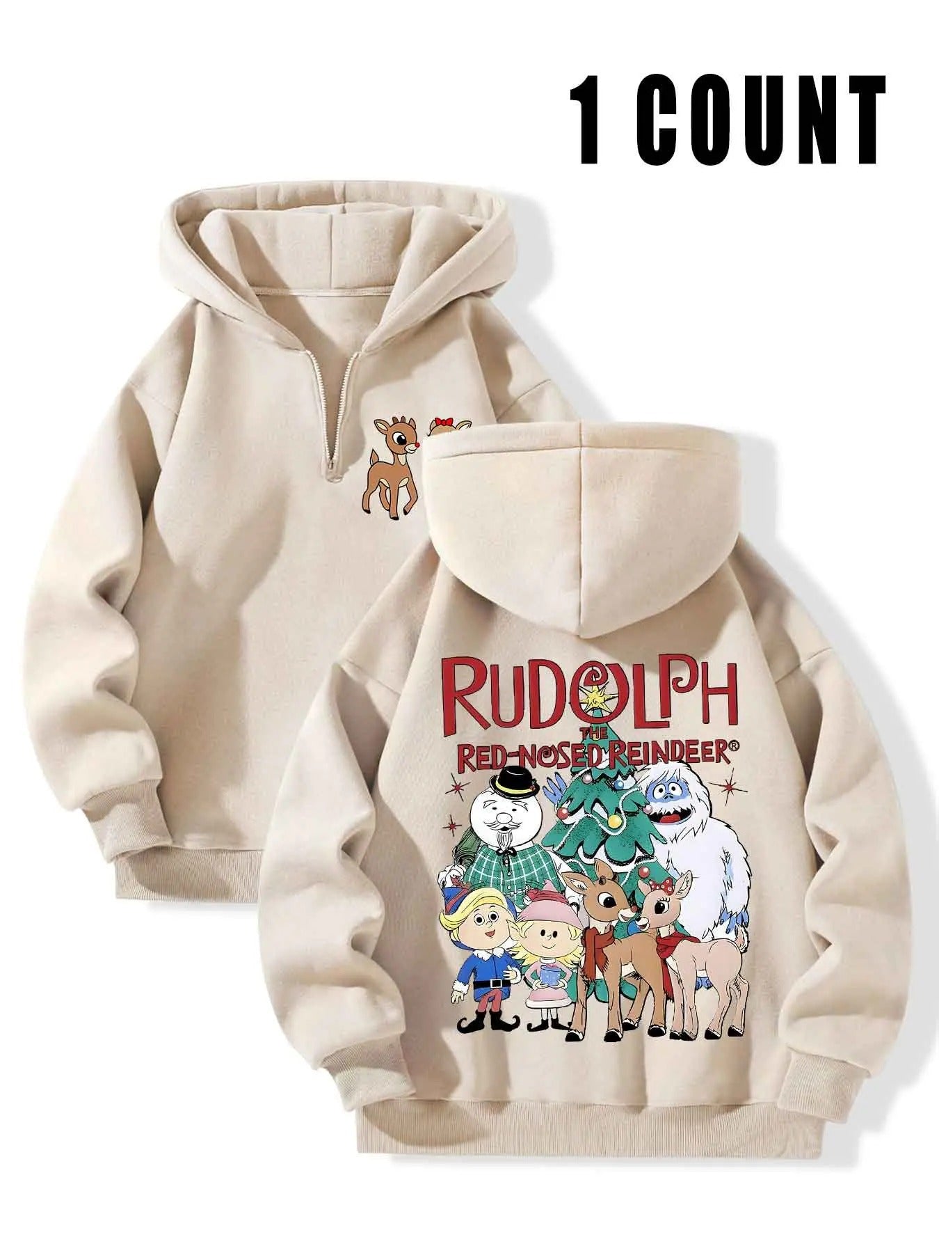 Women's Rudolph & Letter Print Zip Up Hoodie, Casual Long Sleeve Hooded Sweatshirt for Fall & Winter, Women's Clothes for Daily Wear