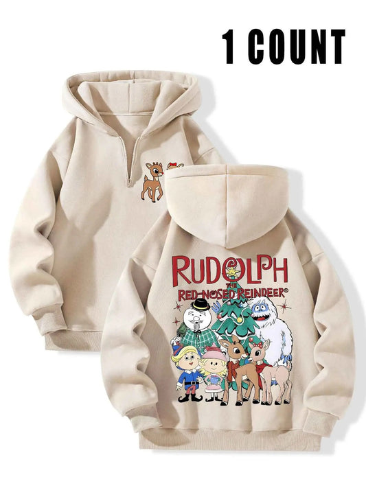 Women's Rudolph & Letter Print Zip Up Hoodie, Casual Long Sleeve Hooded Sweatshirt for Fall & Winter, Women's Clothes for Daily Wear