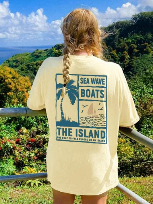 Women's Sea Wave Print Round Neck Tee, Casual Short Sleeve Crew Neck T-shirt for Summer, Fashion Women's Top for Daily Wear
