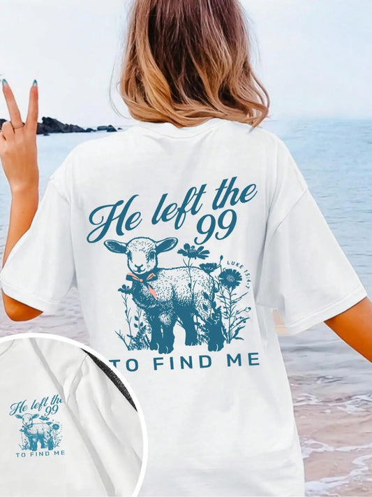 Women's Sheep & Plants Print Round Neck Tee, Fashion Casual Crew Neck T-Shirt for Daily Holiday Vacation Outdoor Wear, Ladies Clothes for Summer