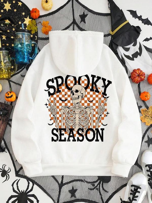 Women's Skeleton & Letter Print Drop Shoulder Hoodie, Fashion Casual Drawstring Pocket Hooded Sweatshirt for Daily Holiday Outdoor Wear, Women Clothing for Fall & Winter