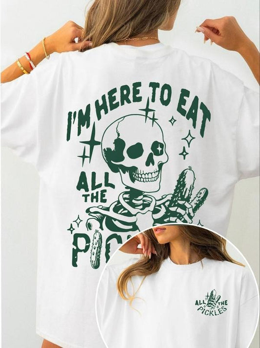 Women's Skeleton & Letter Print Round Neck Tee, Fashion Casual Crew Neck T-shirt for Daily Holiday Vacation Outdoor Wear, Ladies Clothes for Summer