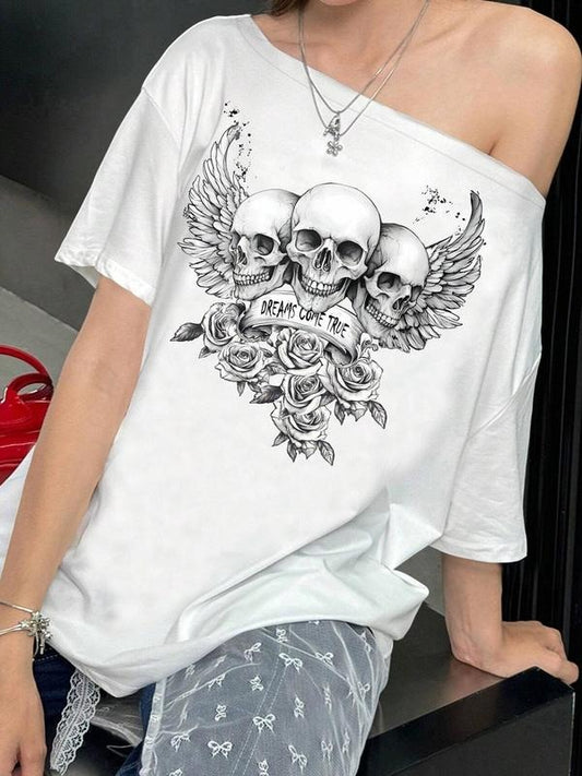 Women's Skull & Floral Print Asymmetrical Neck Tee, Y2K Casual Fashion Graphic T-shirt for Daily Wear, Ladies Clothes for All Seasons