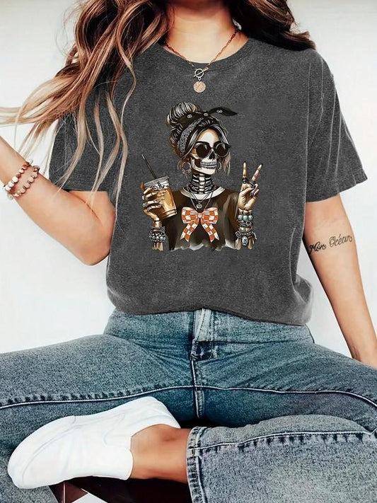 Women's Skull & Letter Print Round Neck Tee, Fashion Casual Crew Neck T-Shirt for Daily Holiday Vacation Outdoor Wear, Ladies Clothes for All Seasons, Top