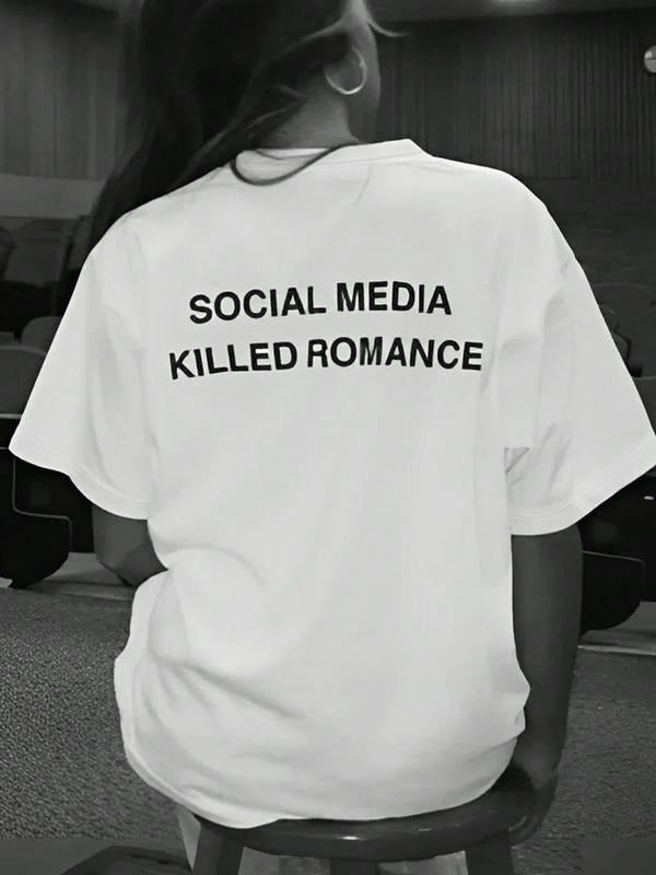 Women's Social Media Killed Romance Letter Print Round Neck Tee, Fashion Casual Crew Neck T-Shirt for Daily Holiday Vacation Outdoor Wear, Ladies Clothes for All Seasons, Top
