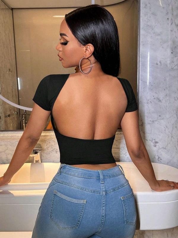 Women's Solid Round Neck Crop Tee, Fashion Casual Crew Neck Short Sleeve T-shirt for Daily Holiday Vacation Outdoor Wear, Ladies Clothes for Summer, Top