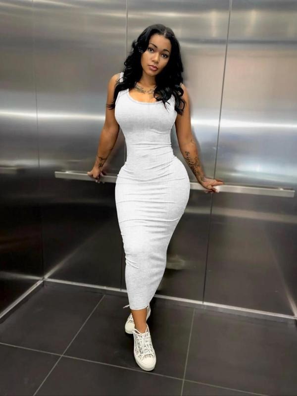 Women's Solid Scoop Neck Bodycon Tank Dress, Fashion Casual Sleeveless Long Dress for Daily Outdoor Wear, Ladies Dresses for Party Holiday
