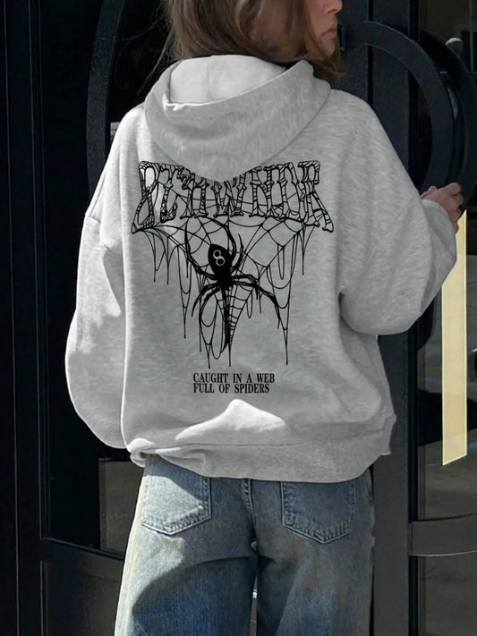 Women's Spider & Letter Print Drop Shoulder Hoodie, Fashion Casual Drawstring Pocket Hooded Sweatshirt for Daily Holiday Outdoor Wear, Women Clothing for Fall & Winter
