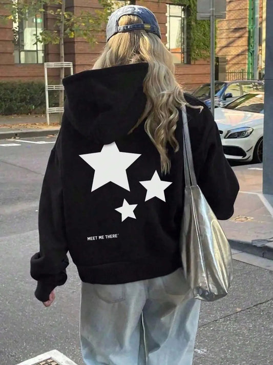 Women's Star & Letter Print Drop Shoulder Hoodie, Fashion Casual Drawstring Kangaroo Pocket Hooded Sweatshirt for Daily Holiday Outdoor Wear, Women Clothing for Winter