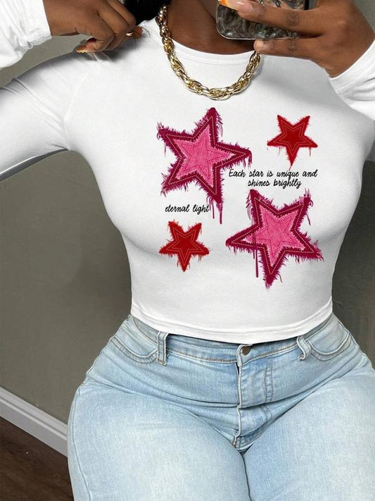 Women's Star Print Round Neck Tee, Fashion Casual Crew Neck T-shirt for Daily Holiday Vacation Outdoor Wear, Ladies Clothes for All Seasons