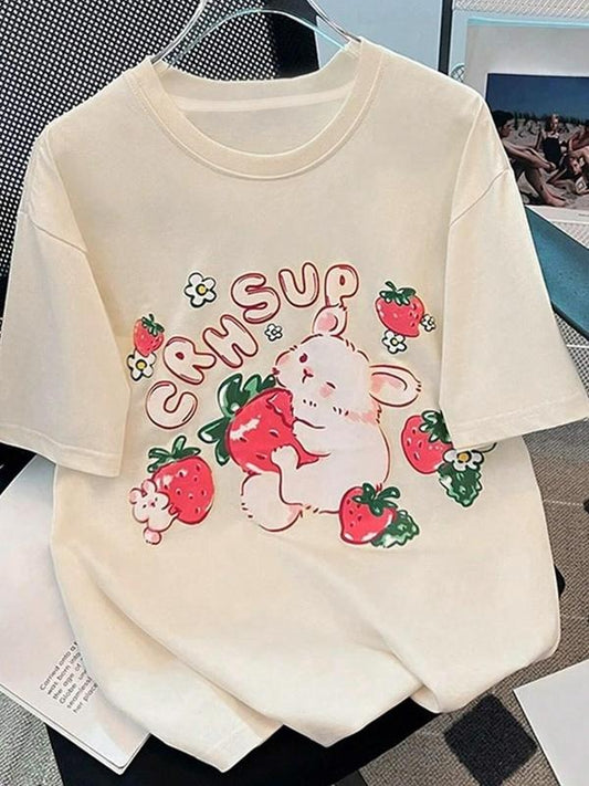 Women's Strawberry & Rabbit Print Round Neck Tee, Fashion Casual Crew Neck T-Shirt for Daily Holiday Vacation Outdoor Wear, Ladies Clothes for All Seasons