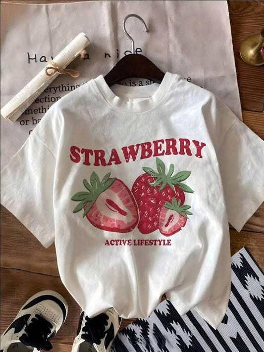 Women's Strawberry Print Round Neck Tee, Fashion Casual Crew Neck T-Shirt for Daily Holiday Vacation Outdoor Wear, Ladies Clothes for Summer, Top