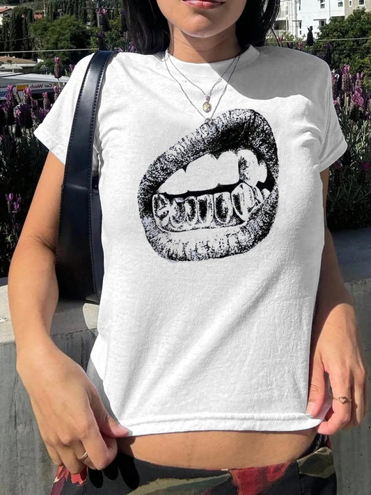 Women's Teeth Print Round Neck Tee, Fashion Casual Crew Neck T-Shirt for Daily Holiday Vacation Outdoor Wear, Ladies Clothes for All Seasons