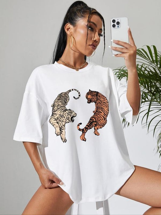 Women's Tiger Print Round Neck Graphic Tee, Vintage Trendy Casual Drop Shoulder Short Sleeve T-shirt for Daily Wear, Ladies All Seasons Outfit