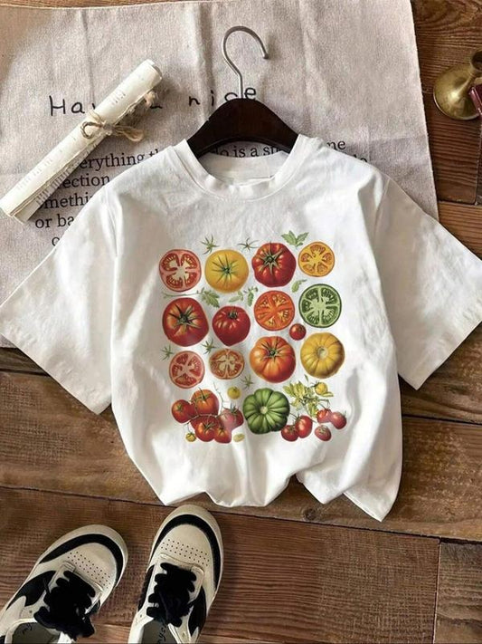 Women's Tomato & Vegetables Print Round Neck Tee, Casual Short Sleeve Crew Neck T-Shirt for Summer, Fashion Women's Top for Daily Wear