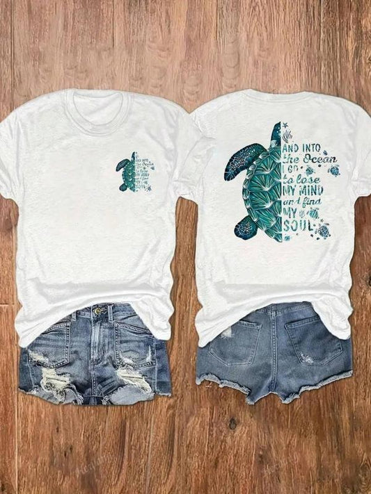 Women's Turtle & Letter Print Round Neck Tee, Casual Short Sleeve Crew Neck T-shirt for Summer, Ladies Clothes for Daily Wear, Top