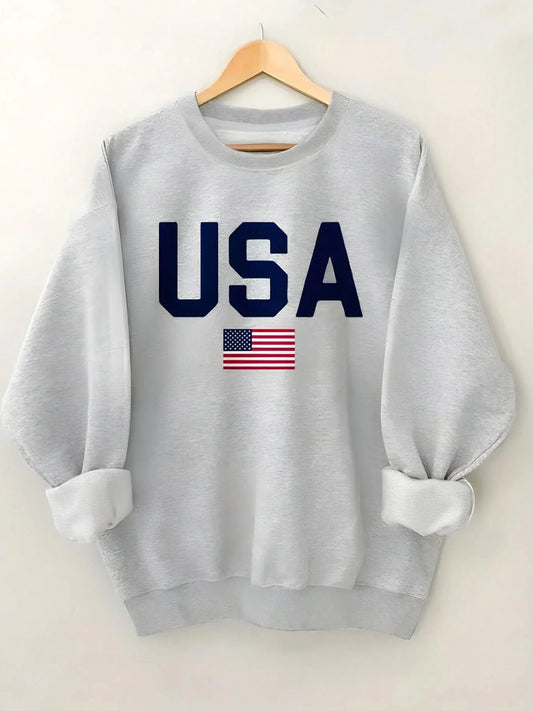 Women's USA Flag & Letter Print Crew Neck Sweatshirt, Casual Long Sleeve Pullover for Daily Wear, Ladies Clothes for All Seasons